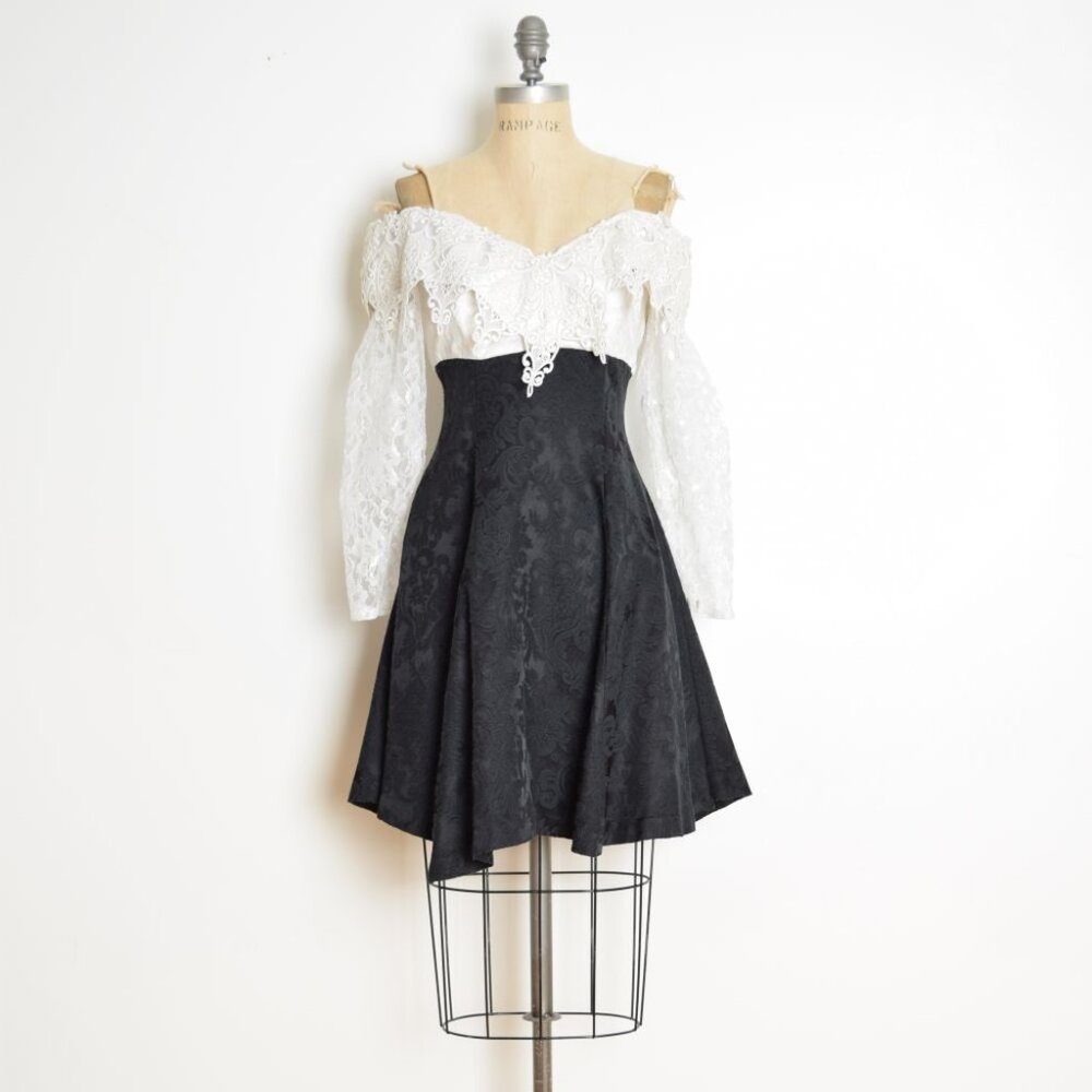 vintage 80s party dress black brocade white crochet lace off shoulder prom XS S